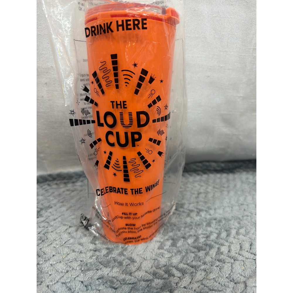 The LoudCup Celebrate The Wins Horn Tumbler 20oz Neon Orange Noise Maker New